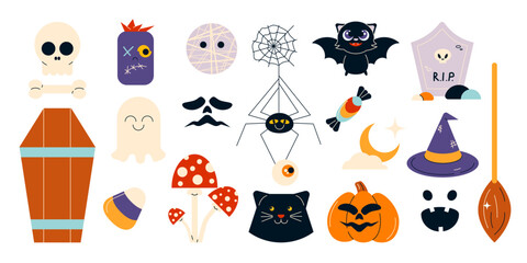 Halloween set with ghost, hat, broom, black cat, pumpkin, candies, spider on web, skull, mummy, grave, coffin. Cute doodle Helloween bundle with holiday characters and elements. vector illustrations