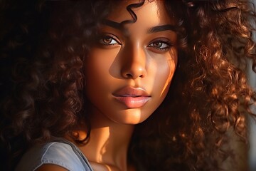 Obraz premium Close-up realistic portrait of young black beautiful woman with curly hair