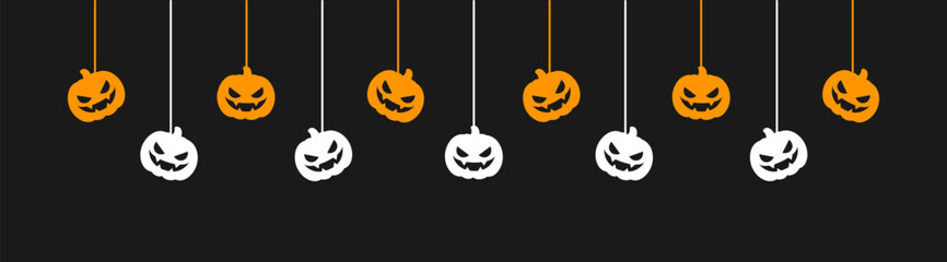 Happy Halloween banner border with jack o lantern pumpkins hanging from spider webs. Spooky Ornaments Decoration Vector illustration, trick or treat party invitation