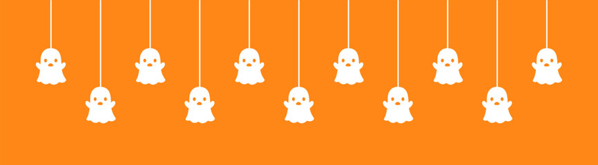 Happy Halloween banner border with ghost hanging from spider webs. Spooky Ornaments Decoration Vector illustration, trick or treat party invitation