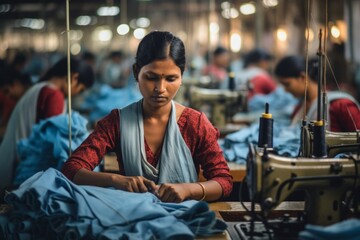 Asian Indian seamstress female workers in textile factory