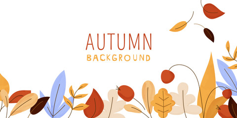 Autumn botanical background with leaf, tree branch, berries. Floral banner design with abstract leaves pattern. Flat vector illustration isolated on white background