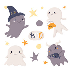 Set of cute funny watercolor ghosts. Spooky funny characters for kids. Cartoon vector illustration isolated on white background