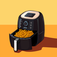 Air fryer kitchen tool with french fries.  Air fryer kitchen black color illustration vector.