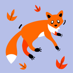 Obraz premium red orange fox with autumn leaves with blue background, illustration in flat style