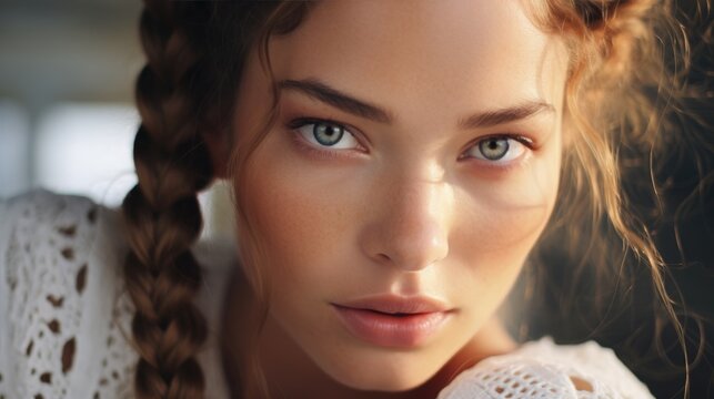 French Braid Adorning the Beautiful Model's Hair, Enchanting Eyes. Generative AI