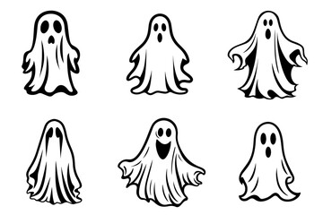 Collection of simple flat ghosts vector. Halloween scary ghostly monsters cartoon. Cute cartoon spooky character