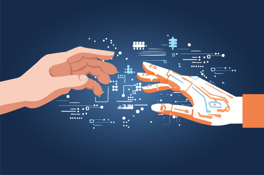 Vector illustration depicting human and robot hands reaching for each other. Collaboration between humans and robots. Modern technology.
