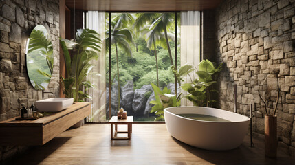 3d Tropical bathroom with stone walls