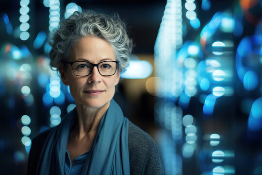 Serious senior woman manager in modern high tech office or server room looking at camera. Cybersecurity and programming