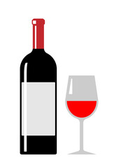 Wine bottle and glass isolated on white background. Flat vector illustration