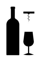 Wine bottle with wine glass and wine opener icon isolated on white background. Vector illustration.