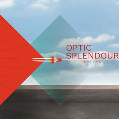 Composition of optic splendour revival text over space ship and clouds on blue background