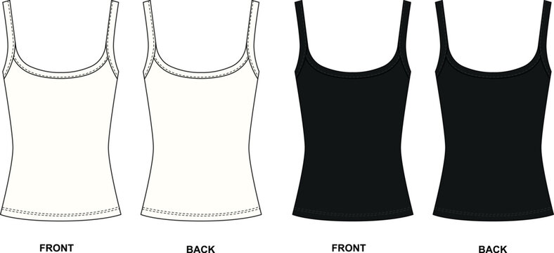 Vector drawing of tank top with straps front and back view. Women's t-shirt template in white and black colors. Sketch of a jersey sports shirt, vector.