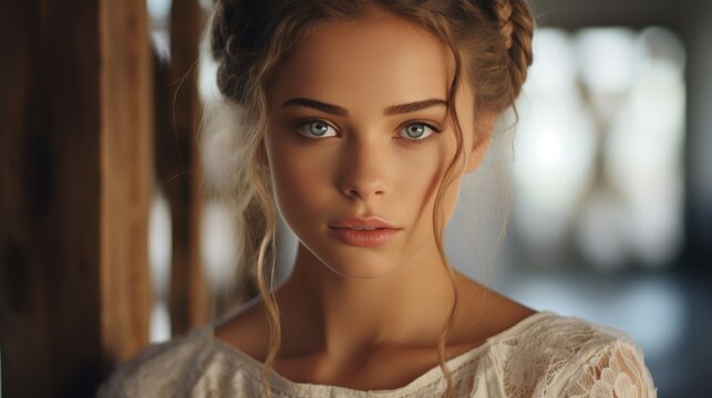 French Braid Adorning the Beautiful Model's Hair, Enchanting Eyes. Generative AI