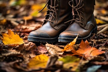 close-up of a pair of worn leather boots, standing on a carpet of multi-colored fallen leaves