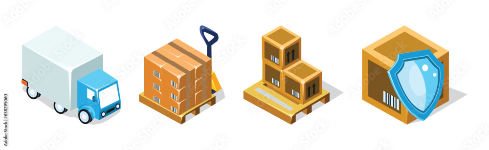 Poster warehouse objects with truck and cardboard box with crates isometric vector set