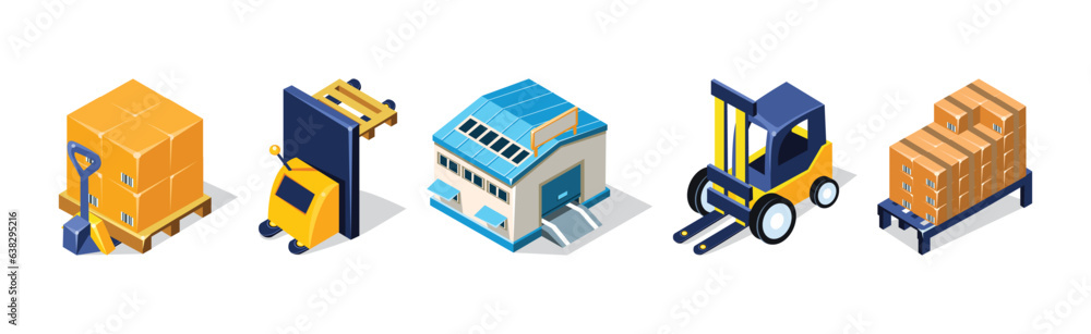Poster warehouse objects with house, fork lifter and cardboard box isometric vector set