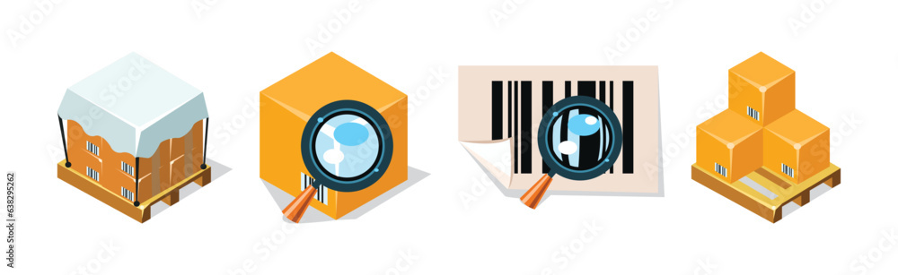 Poster warehouse objects with cardboard box isometric vector set