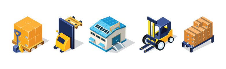 Warehouse Objects with House, Fork Lifter and Cardboard Box Isometric Vector Set