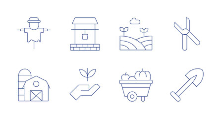 Farm icons. editable stroke. Containing scarecrow, well, farm, pruning shears, silo, sprout, food cart, shovel.