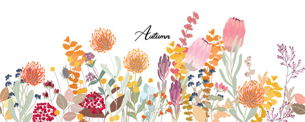 seamless minimal Hand drawn botanical flowers and leaf vector in Fall and Aurtumn collection