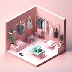 Detailed 3D illustration isometric block of a small stylish women's fashion showroom boutique. Hangers with clothes, reception, plants, mirrors on the walls