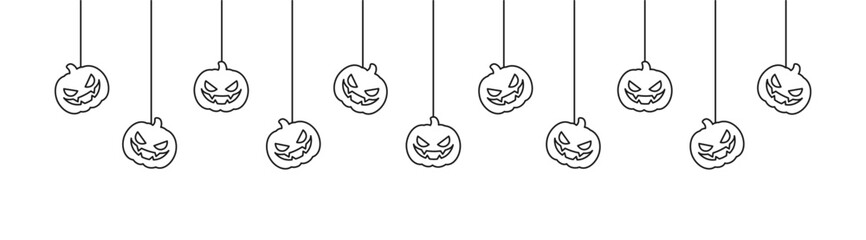 Happy Halloween banner border with jack o lantern pumpkins hanging from spider webs. Spooky Ornaments Decoration Vector illustration, trick or treat party invitation