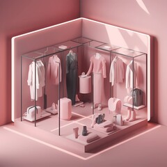 Detailed 3D illustration isometric block of a small stylish women's fashion showroom boutique. Hangers with clothes, reception, plants, mirrors on the walls