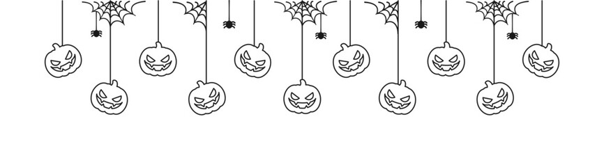 Happy Halloween banner border with jack o lantern pumpkins hanging from spider webs. Spooky Ornaments Decoration Vector illustration, trick or treat party invitation