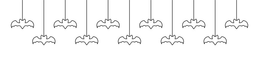 Happy Halloween banner border with bats hanging from spider webs doodle outline. Spooky Ornaments Decoration Vector illustration, trick or treat party invitation