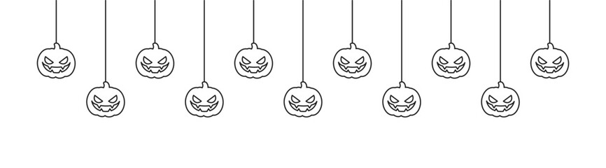Happy Halloween banner border with jack o lantern pumpkins hanging from spider webs. Spooky Ornaments Decoration Vector illustration, trick or treat party invitation