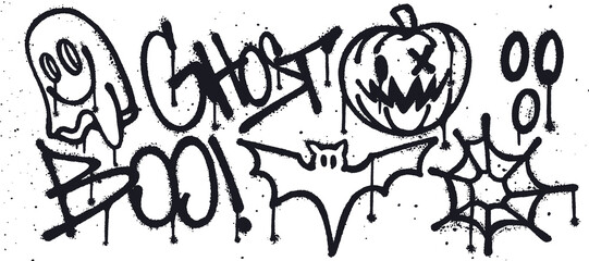 Set of graffiti spray paint. Collection of symbols, ghost, pumpkin, scream, boo, bat, spider web Isolated Vector © Titikdrawn