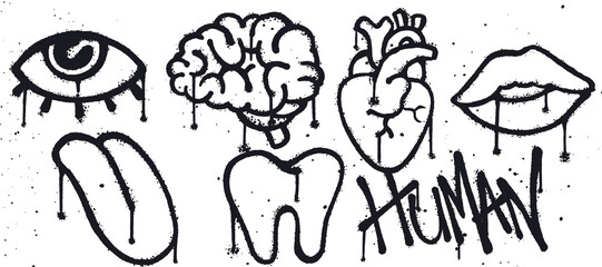 Set of graffiti spray paint. Collection of symbols, eye, brain, heart, lips, tongue, tooth, human Isolated Vector