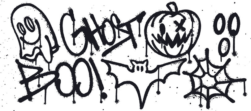 Set of graffiti spray paint. Collection of symbols, ghost, pumpkin, scream, boo, bat, spider web Isolated Vector
