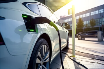 Close-up of an electric car charger at a power plant. Ecology.
