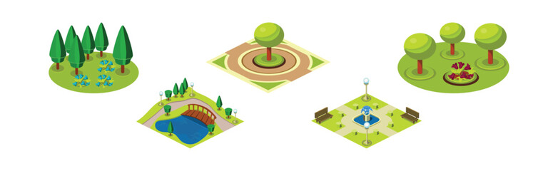 Public City Park Area with Green Tree, Fountain and Lamp Post Vector Set