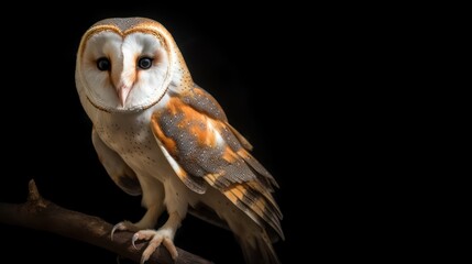 Barn owl on the branch with black background 