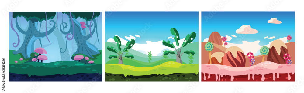 Poster mobile game horizontal backgrounds and scenery vector set