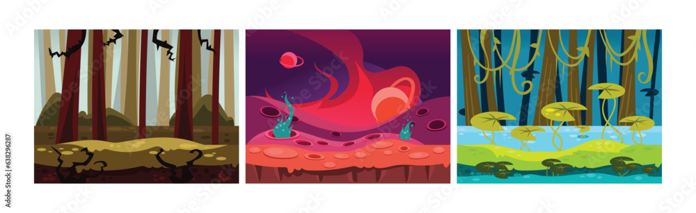 Poster mobile game horizontal backgrounds and scenery vector set