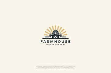 The Organic farm house concept logo with landscape. Farming badge Label for natural products. Vector Illustration