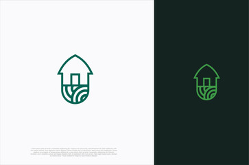The Organic farm house concept logo with landscape. Farming badge Label for natural products. Vector Illustration