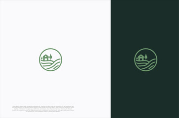 The Organic farm house concept logo with landscape. Farming badge Label for natural products. Vector Illustration