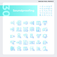 Pixel perfect gradient icons collection representing soundproofing, blue thin line illustration.