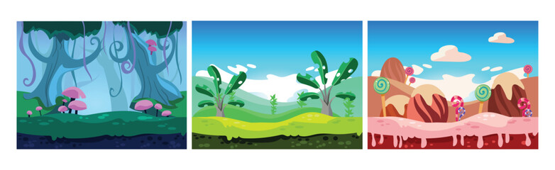 Obraz premium Mobile Game Horizontal Backgrounds and Scenery Vector Set