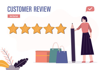 Rate your experience. Customer review, landing page. Client satisfaction, businesswoman use pencil and give five stars rating, high quality concept.