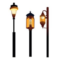 City night light . Realistic modern and vintage street light with warm and white glowing,row of pole.with white background 