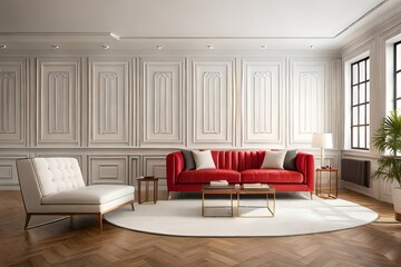 white and red interior design of living room with sofa and vases