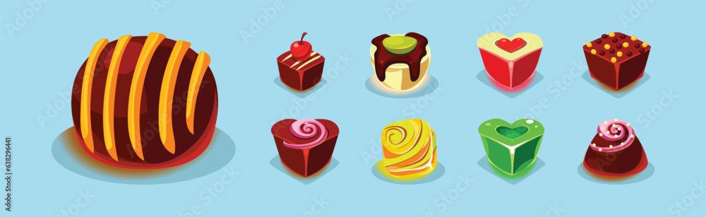 Poster sweet and candy as ui game element on blue background vector set