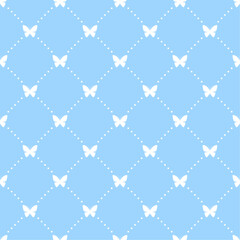 White butterflies and dots on blue background. Vector seamless pattern. Best for textile, print, wallpapers, and wedding decoration.